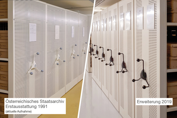 Gegenüberstellung einer verfahrbaren Regalanlage aus 1991 und deren Erweiterung aus dem Jahr 2019