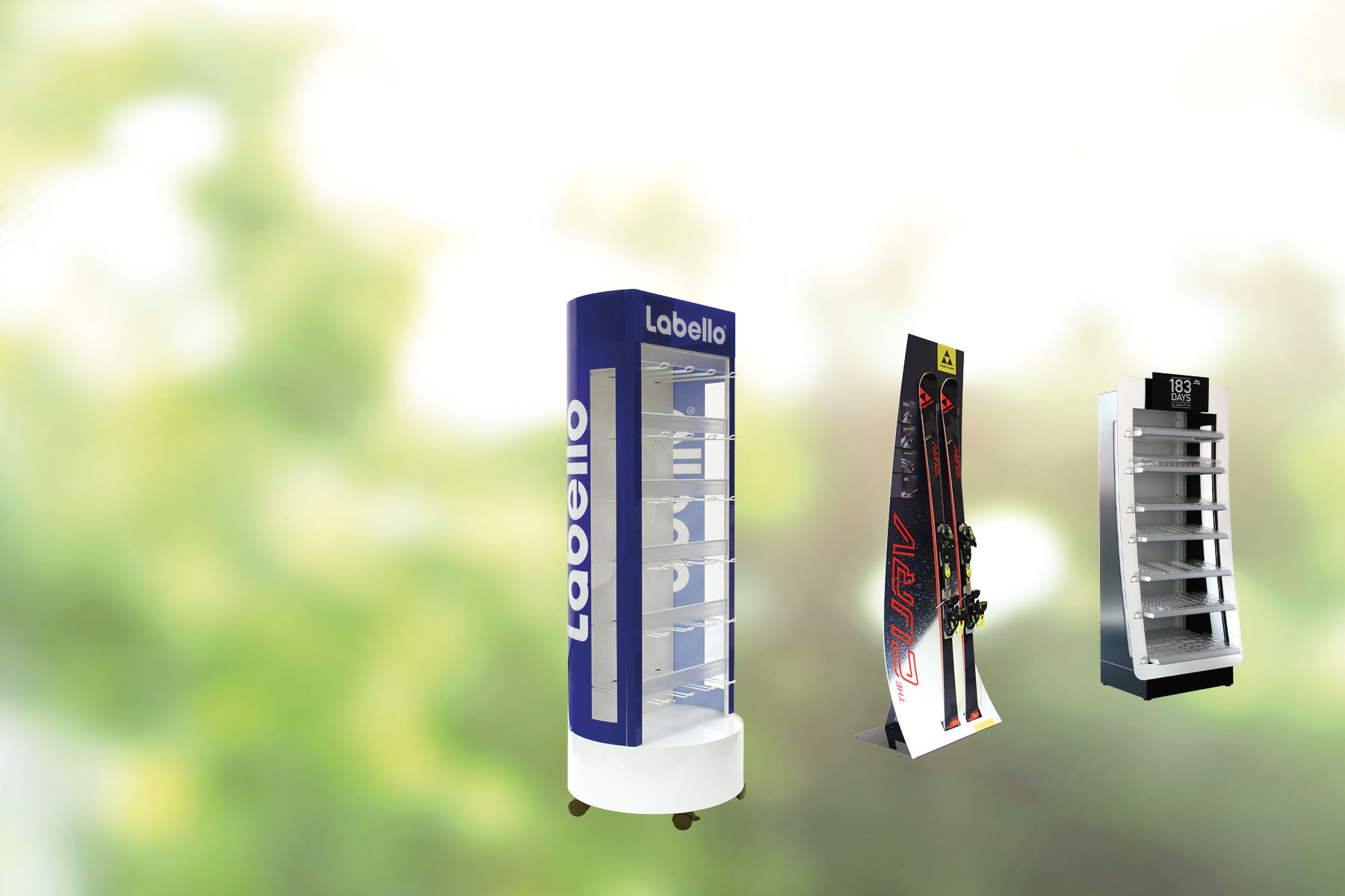 various displays in front of a green background